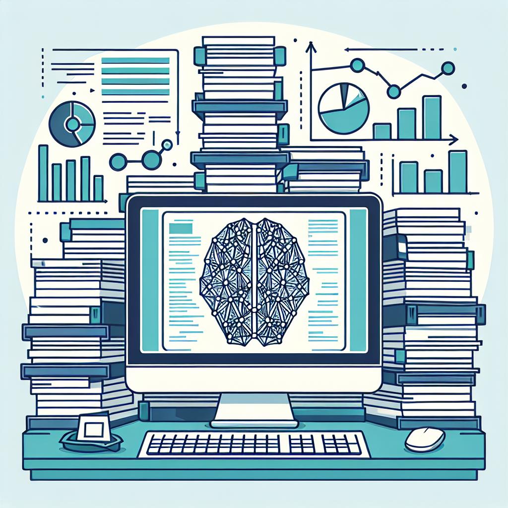 Create a flat, corporate-style vector image following a 2D, linear perspective. The centerpiece should be an Artificial Intelligence system represented graphically as it processes vast piles of documents to generate responses to complex questions. The backdrop to this should feature stacks of documents, which metaphorically demonstrate the vast amount of information to be analyzed. Also incorporate data charts to symbolize the analysis and visualization of processed information. A computer monitor should be in focus, symbolizing the interface where the responses are generated. Keep the background plain white and without texture.
