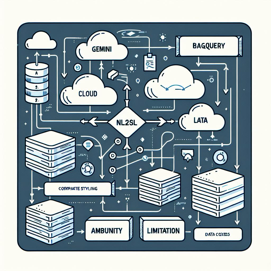 Illustrate a diagram of the proposed NL2SQL architecture highlighting the interaction between the Gemini and BigQuery components. The image should be vectorial, flat, and corporate styled on a texture-less white background. The depiction should be in a 2D, linear perspective. Additional elements should include clouds symbolizing cloud computing, connections indicating system integration, data boxes showcasing data storage and processing points, arrows to show the flow of information, and ambiguity limitations to represent the challenges faced.