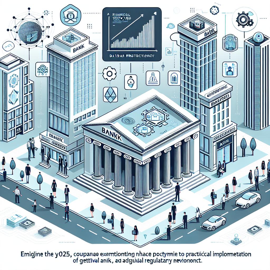 Envision the year 2025, where financial services companies are transitioning from the experimental phase to practical implementation of Artificial Intelligence (AI). They are focused on risk mitigation while optimizing efficiency and adhering to the stringent regulatory environment. Depict a modern bank utilizing generative AI. This scene is set in a 2D, linear perspective with a plain white background. Elements should include growth charts, symbolizing the increased efficiency and profitability pushed by the AI; safety icons indicating data protection and regulatory compliance; an urban landscape with bank buildings, underlining the financial environment; and people of diverse descent and gender using technology, portraying the human interaction with AI. The visual style should be vector-based, flat, and corporate.