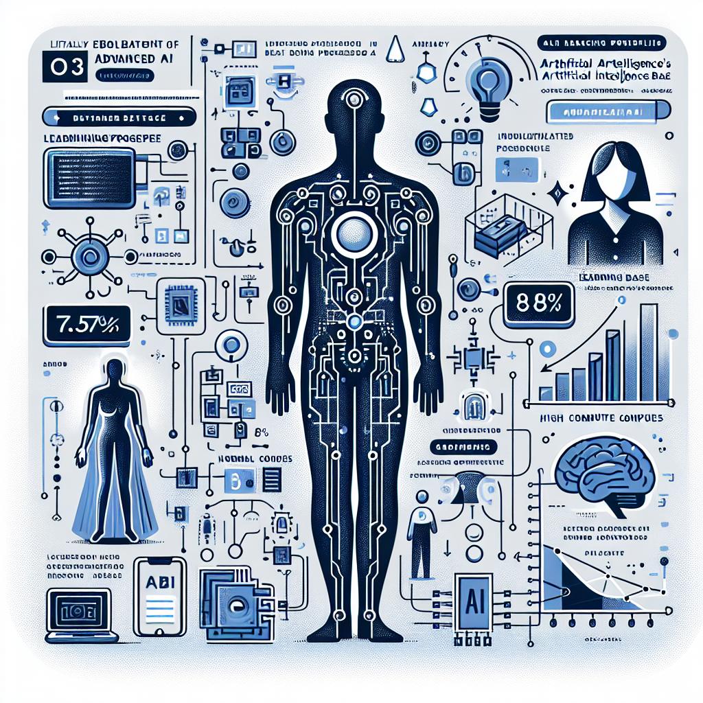 Illustrate an embodiment of OpenAI's advanced 'o3' model in a corporate, flat, vectorial style. The visual should literally interpret the 2D linear perspective and include elements symbolising Artificial Intelligence's evolution. Set on a textureless white background, the key elements to include are: (1) Humanoid figures that represent advanced AI (2) Circuitry symbolising underlying technological base (3) Digital data to show the mass amount of information being processed (4) Representation of a learning environment to highlight AI's constant progress. These components are paramount to portray the excitement in the field of AI as progress in AI continues in 2024 with an ARC benchmark of 75.7% under normal conditions, and 87.5% under high compute conditions.