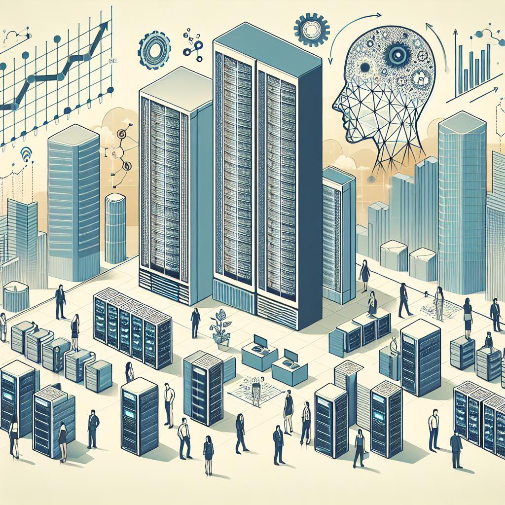Envision an illustrative portrayal of a modern data center dominated by artificial intelligence technology. The setting is rather corporate, rendered in a 2D, linear perspective with a vectorized, flat aesthetic design. The background is untextured, entirely white. Server racks are included at the base, acting as the backbone for supporting AI applications. An abstract symbol of technological space is featured to hint at modernity and innovation. Growth charts are interspersed throughout, depicting the positive impact of substantial investment. Human figures are also present, in equal proportions of men and women of various descents: Caucasian, Hispanic, Black, Middle-Eastern, South Asian, illustrating the human talent involved in the technology scene.