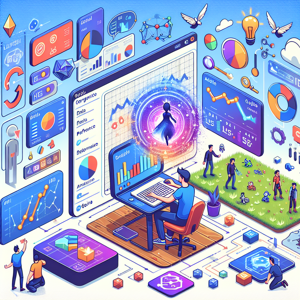 Create a 2D, vector-style image with a flat and corporate look to portray a game designer, who is interacting with the graphic interface of a data analysis tool called AI/BI Genie. The designer is surrounded by data and performance charts that provide valuable insights into player engagement. The background features elements from a game world including characters and settings, establishing a connection between data analysis and gaming experience. The image is set against a plain, white, and texture-less backdrop and utilizes vibrant colors to mirror the energy and innovation in the gaming industry.