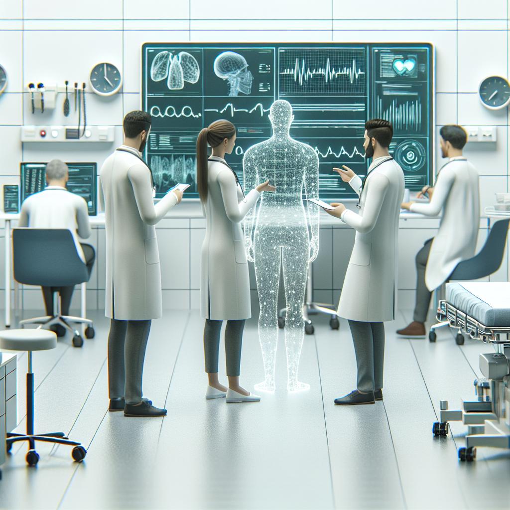 Create a 2D linear perspective corporeal styled image that portrays an important advancement in medical decisions using artificial intelligence. The scene should be set within a clinical environment, showing medical professionals of various descents and genders discussing diagnosis. These doctors should be viewed interacting with a representation of an AI model. They should be using state-of-the-art technological devices to analyze real-time data, symbolizing the innovation and modernization of healthcare. The environment should be clean, with a plain white and textureless background. Additionally, incorporate real-time data analysis elements in the form of charts or graphs to illustrate the speed and accuracy provided by AI.
