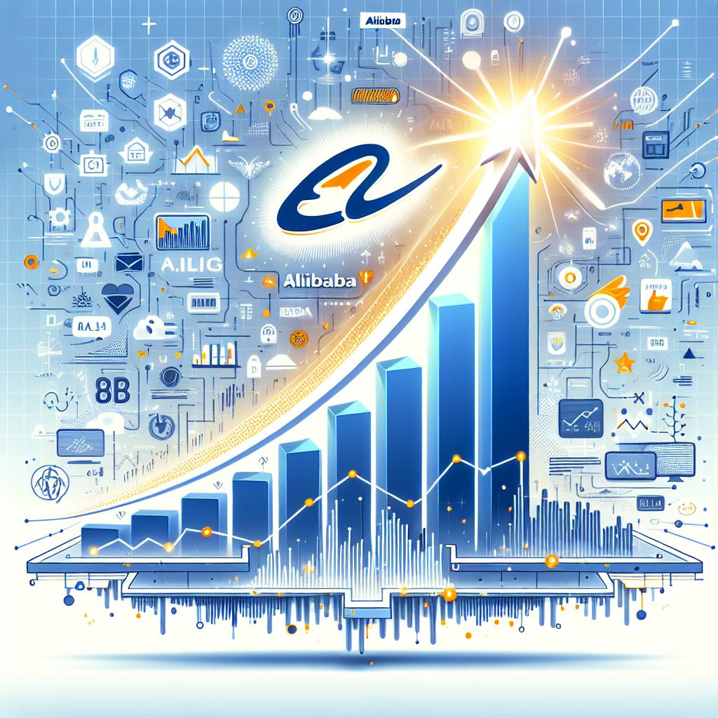 You're looking at a 2D, vector style, flat illustration with a clean, texture-less white background. The main focus is a rising graph, clad in Alibaba's corporate colors, representing the company's surging stocks. This surge is emphasized by a bright spot where the graph peaks, embodying the introduction of the AI model, QwQ-32B, to the market. Incorporated into the design are symbols and elements related to artificial intelligence, suggesting the influence of high-end technology. Floating around this graphic construct are 'generic' company logos that echo the spirit of the tech industry, boosting a wave of optimism.