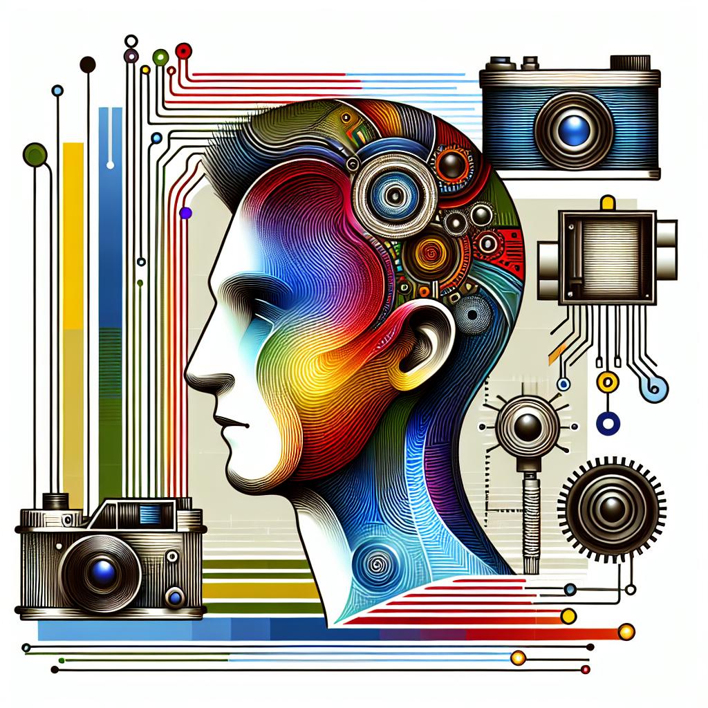 Generate an image in a 2D, linear perspective with a background which is white and texture-free. The picture should be in a vector, flat, corporate style. It should feature a vibrant, colorful portrait of a generic male figure which symbolizes the intersection between art and science, not representing anyone specific but capturing the essence of pioneering figures in technology. Alongside the portrait, various elements of technology such as cameras should be visible, representing the modern, innovative nature of AI-based art.