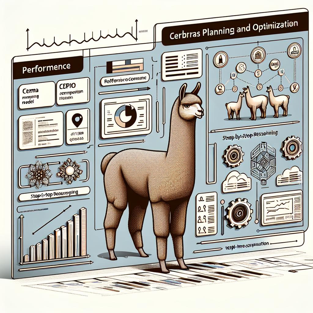 Create a 2D and linear perspective image in a vector, flat and corporate style on a plain white background. The image should depict the Cerebras' CePO (Cerebras Planning and Optimization) interface in use, with a clear visual of Llama models and examples of step-by-step reasoning, incorporating hi-tech visual elements like interactive charts and schematics. Additional elements include a performance graph - illustrating the superiority of Llama with CePO, reasoning schematics - exemplifying step-by-step reasoning, computation icons - symbolizing test-time computation, and a technological background - suggesting an advanced development environment.