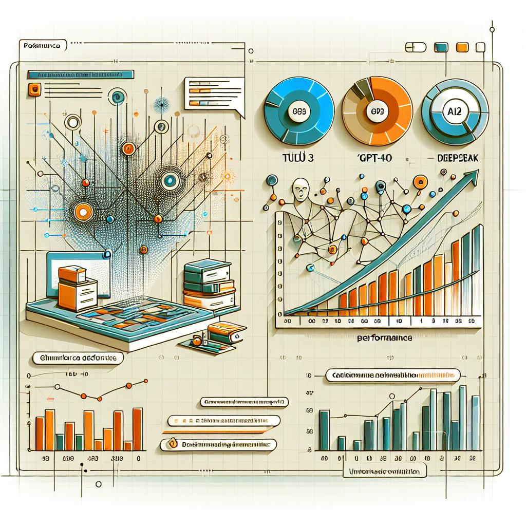 Create a 2D, linear, flat, and corporate-style vector image on a plain and untextured white background. The main focus is a graphical representation of the advancement in open-source artificial intelligence, specifically highlighting the 'Tülu 3' model in comparison to others like 'GPT-4o' and 'DeepSeek'. Include a performance graph visualizing the comparison among 'Tülu 3', 'GPT-4o', and 'DeepSeek'. Add the 'Ai2' logo indicating the institution responsible for developing the model. Additional abstract elements in the background should symbolize data and AI algorithms.