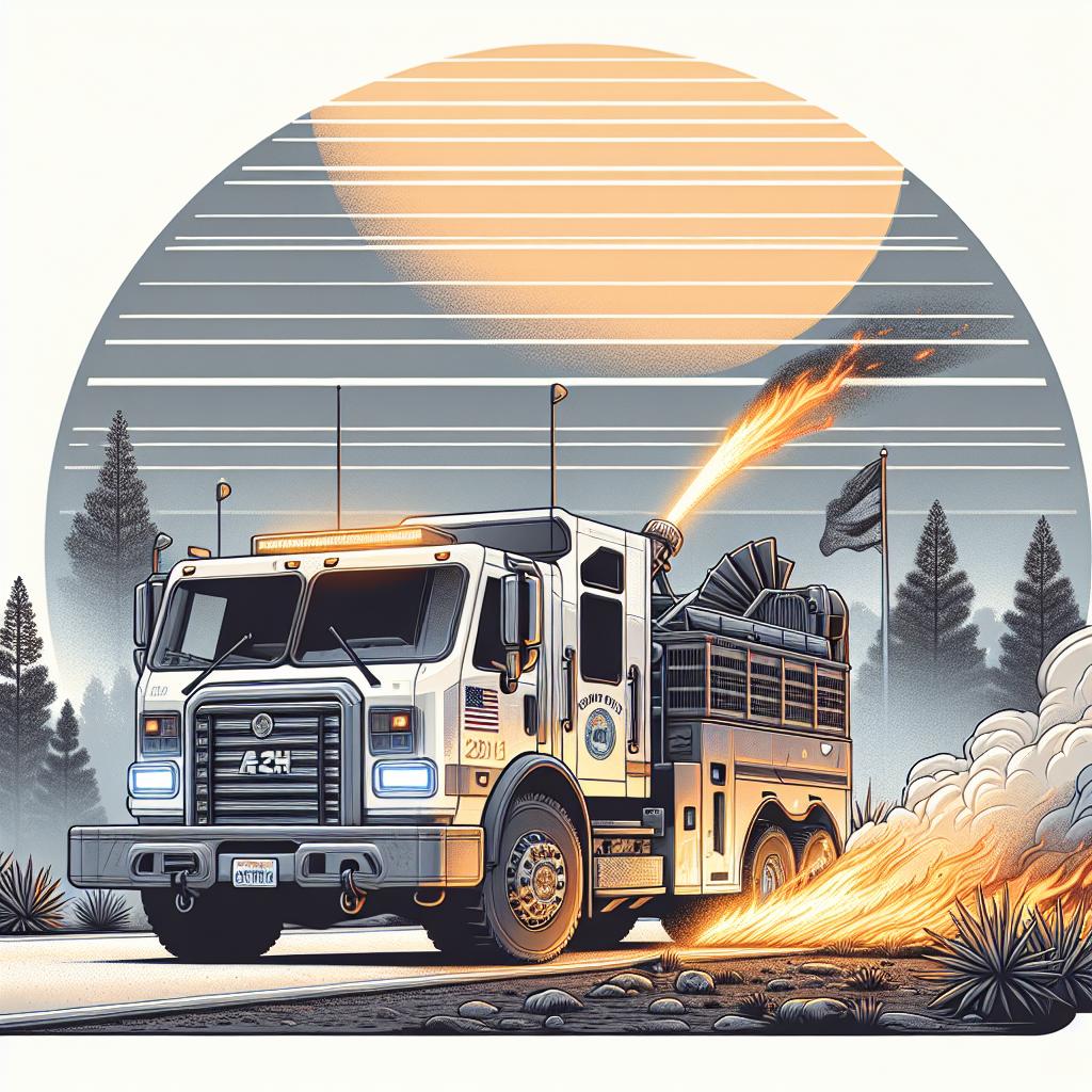 Let's visualize an informative, corporate-style image in a 2D, linear perspective. The main focus is on a BurnBot truck, a modern and technological tool in action against wildfires. This truck should be in a natural setting, actively engaged in a controlled burn of vegetation. Light smoke rises from the area, representing the controlled fires used for forest management. In the background, a setting sun paints the sky, hinting towards the wildfire season. The whole scene is against a white, textureless backdrop. All these elements should encapsulate the innovative efforts for wildfire prevention in Southern California.