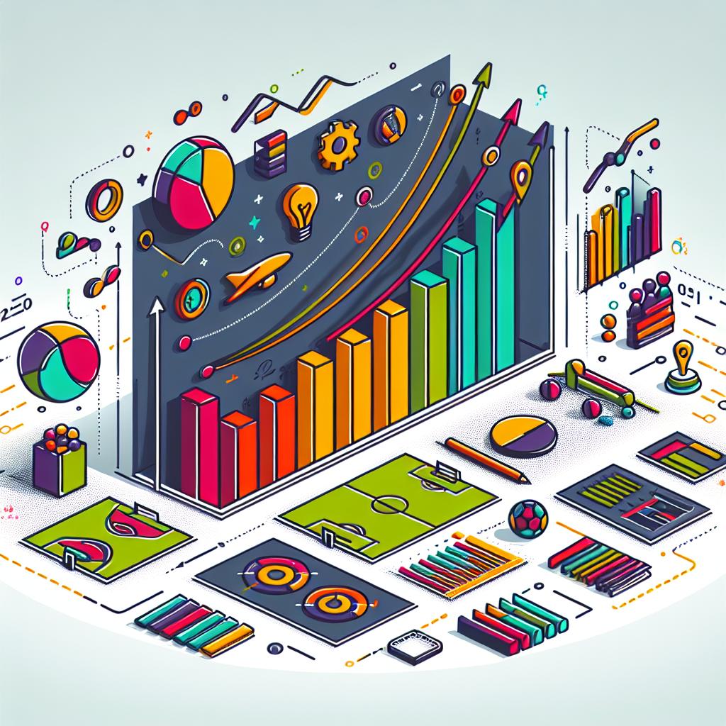 Create a flat, corporate vector-style image set against a plain white background. In 2D linear perspective, feature a comparative bar chart that illustrates a drastic reduction in costs, suggesting a shift in a sports company's strategy towards machine learning. Incorporate vibrant colors to draw attention and reflect the high-energy sports environment. Alongside the chart, also include meaningful icons symbolizing efficiency, innovation, technology, and sports, to emphasize the industry's transformation.