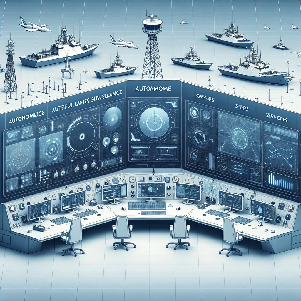 Create a 2D, linear and vector-style image in a corporate and flat design style. The scene is set against a white and textureless background, evoking a clean, minimalist feel. It showcases an autonomous surveillance system inside a control room within a military environment. Various elements should be placed within the image. Firstly, display maritime ships, symbolizing maritime surveillance. There are also monitoring towers, symbolizing perimeter security. Highlight autonomous technology with the inclusion of control panels displaying various metrics and surveillance data. Also, incorporate a blue color gradient in the background to evoke a maritime environment. Lastly, scatter alert icons within the control panel screens or over the ships to indicate threat detection. The overall feel of the image should be technological, corporate, and cutting-edge.