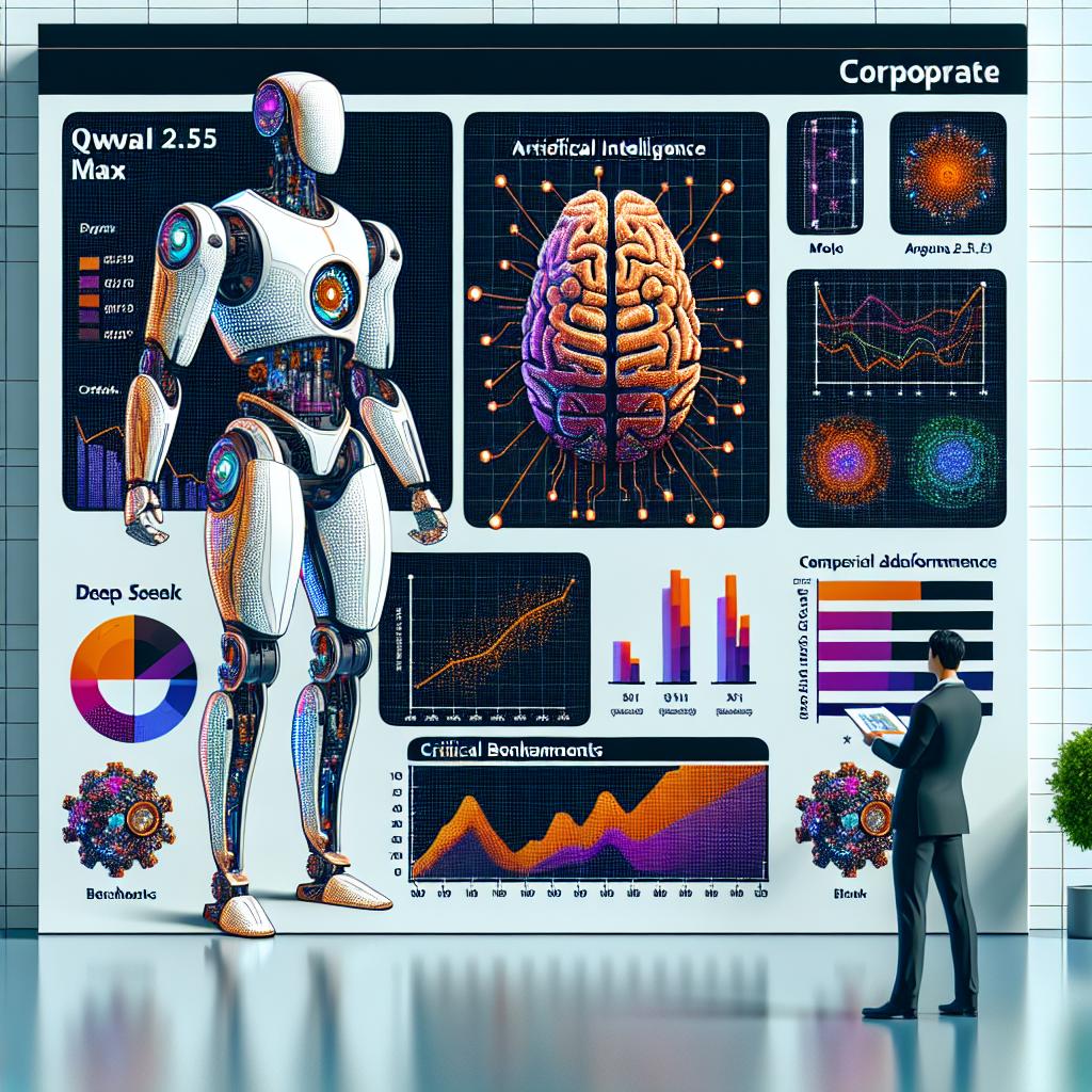 Illustrate a 2D, vector-style, flat corporate image on a white, untextured background. The scene portrays the Qwen 2.5-Max model surpassing the DeepSeek V3 in various artificial intelligence evaluations. It emphasizes the model's outstanding performance in critical benchmarks such as Arena-Hard and LiveBench, while underscoring the significant advancements in machine learning performance. Incorporate vibrant colors to highlight technological advancements and comparative charts to demonstrate superior performance. Position the logo of a fictional technology giant to enhance the brand image associated with the development. Make sure the logo design does not closely resemble any real-life brands.
