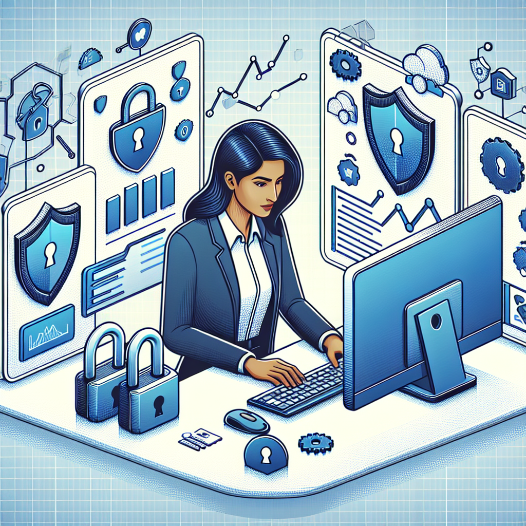 Create a 2D, vector-style, flat design, business-style image on a textureless white background. Depict a South Asian female IT professional working on a computer in a linear perspective, surrounded by digital security icons like padlocks and shields. The padlocks symbolize data security, while the shields represent protection against threat. In the background, a screen displays data graphs and security alerts. These data graphs illustrate the analysis and monitoring of security. The computer centralizes the digital security activity whilst the office scenario suggests a professional IT environment.