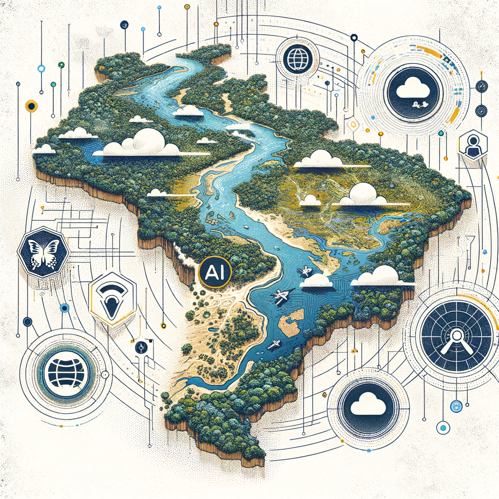 Design a vector-style, corporate, and flat illustrative depiction in a 2D linear perspective on a textured white background. The primary feature should be a satellite image view of the Amazon, accompanied by overlaid AI and cloud icons, symbolizing the use of artificial intelligence and cloud technology. Add highlights of the Amazon's fauna and flora, focusing on the biodiversity being protected. Interspersed with this, incorporate the logos of partner institutions, implying collaborative efforts. Include a map of the Amazon to contextually locate the project's operation area.