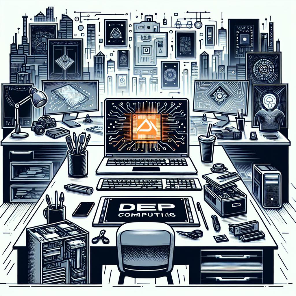 Create an image that visualizes a future setting, dated around 2025, where a company named DeepComputing is envisaged to revolutionize the laptop market by introducing devices based on the RISC-V architecture. These devices will allow complete customization of both hardware and software, as a challenge to the dominant Arm and x86. In the image, feature a modern laptop prominently with the DeepComputing logo, symbolizing the new era of customizable and accessible laptops. The backdrop should include a creative work desk filled with various technological devices, standing as a representation of innovation. The art style of the image should be vectorial, flat, and corporate, with a plain white, texture-free background. The depiction should be in a 2D linear perspective.