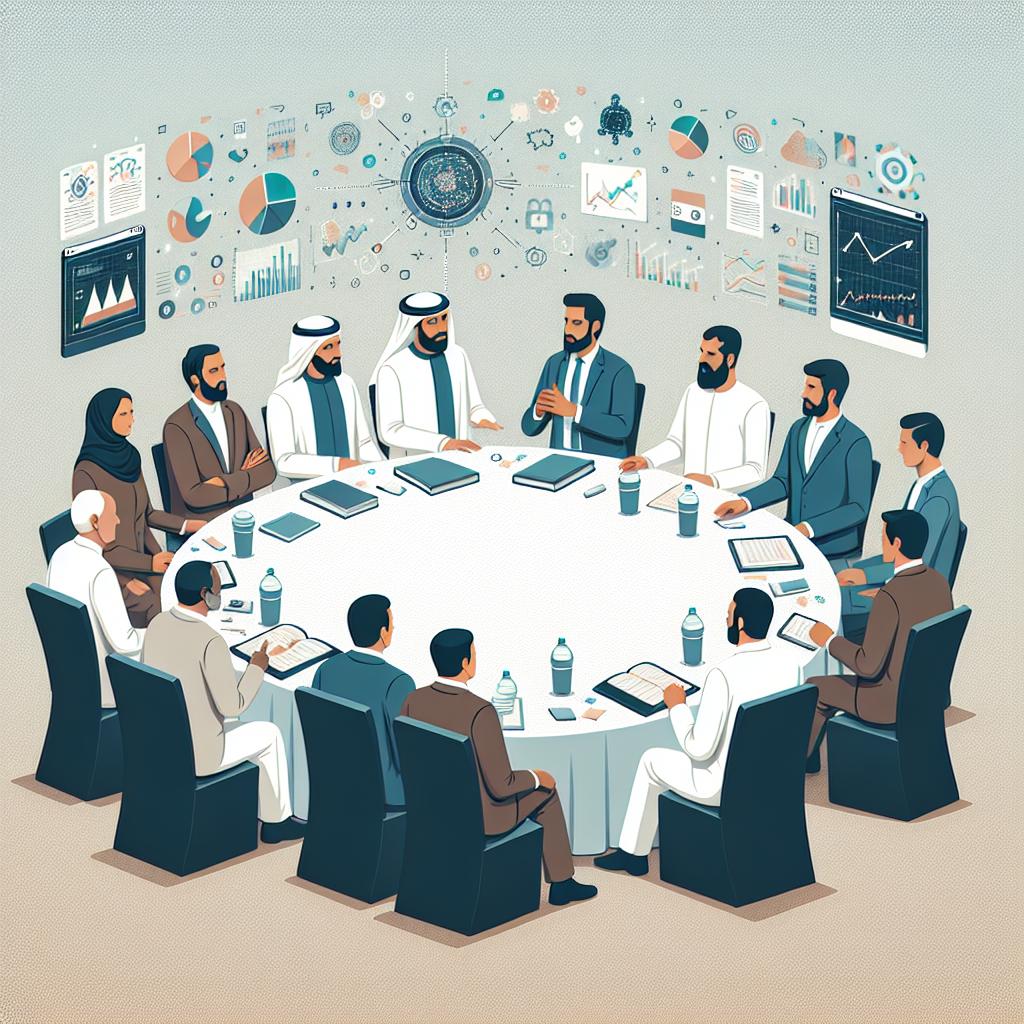 A 2D flat corporate style vector illustration set against a plain white background. Imagine a round table, symbolizing democratized discussion, being surrounded by a diverse group of men and women. They share different descents- Middle eastern, Hispanic, South Asian, and Caucasian on the table, discussing fervently. They might be scholars with textbooks and notepads at hand, representing different ideologies. Hovering above is a screen displaying data, graphs, and figures generated by an AI, a symbol of the contributions of technology. Bits of graphs and notes around the drawing represent the analysis of data generated by the AI in the discussion.