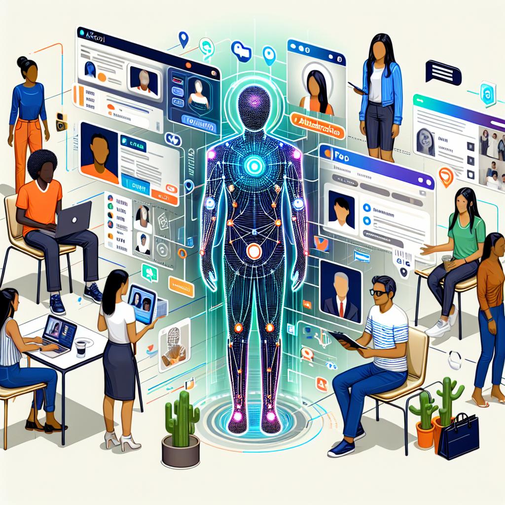 Visualize a dynamic vector-style, flat, and corporate design image on a smooth white background. The image is in 2D, linear perspective, filled with vibrant colors signifying attention attraction and innovation. It depicts a realistically developed 2D avatar created by an AI-focused startup, Akool, actively interacting with individuals in various scenarios like online shopping and virtual classes. Ensure to demonstrate diversity includes a Black woman shopping online, a Caucasian man attending a virtual class, and a South Asian woman interacting with the avatar. The avatars should be expressive, subtly representing various emotions and interactions. Further, incorporate tech-centric graphic elements to highlight the digital aspect.
