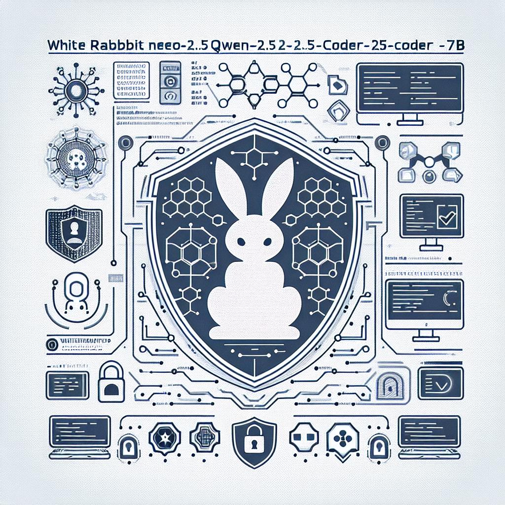 Create a vector-styled, flat, and corporate 2D linear image on a textureless white background. In this image, illustrate the WhiteRabbitNeo-2.5-Qwen-2.5-Coder-7B AI model which was launched on 3rd October 2024 focusing on cybersecurity tasks. The interface of this AI model should consist of cybersecurity elements including a digital environment where the model operates, and symbols of shields and locks signifying protection and security. Additional elements should be codes and algorithms to underscore its technical nature. The framework for this cybersecurity AI should communicate an impression of efficiency and versatility for both offensive and defensive applications.