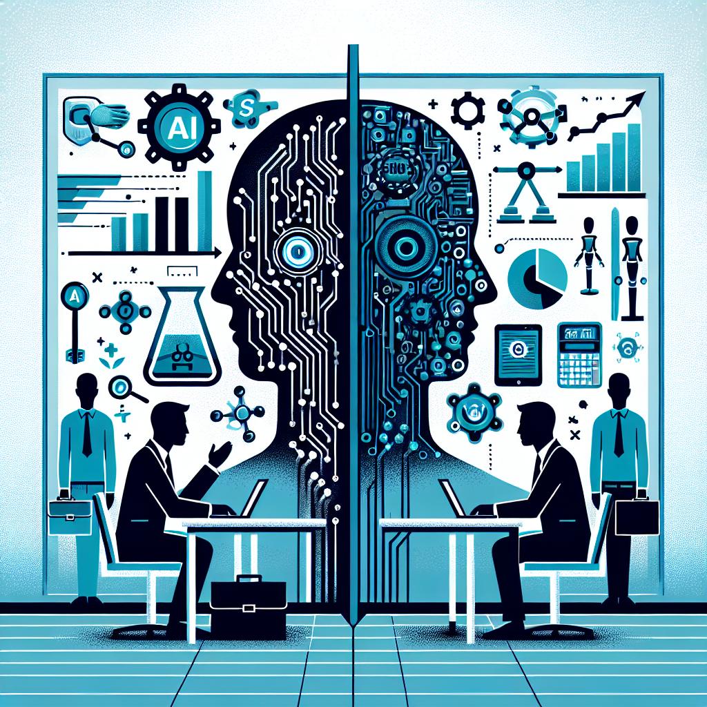 Depict a tense legal dispute between two tech-entrepreneurs about the management of an AI company. One entrepreneur advocates for stopping the company's commercialization, arguing it veers away from the goals of pursuing AI development for public good. The cover emphasizes the conflict, equipped with elements of technology like circuits, AI growth charts, and tech company icons. The style is flat, corporate, and vectorial on a texture-less white background in a 2D linear perspective. Include electrical circuits symbolizing AI technology, growth charts representing AI company development, contextualizing company icons, hues of blue and green denoting technology and innovation. Silhouettes of two unnamed male figures illustrate the dispute's main characters.