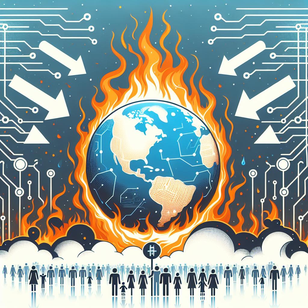 A 2D, plain white background image illustrated in a corporate, flat vector style. This image symbolizes the climate crisis and the threats from artificial intelligence. Center the composition around a fiery depiction of Earth, representing the climate crisis. Interweave electronic circuits throughout the image, signifying technology and artificial intelligence advancements. Show people of various genders and descents coming together in unity, indicating the necessary global collaboration. Three arrows, pointing towards an uncertain future, should be included as well, symbolizing the impact of current choices. Overlay the scene with dark clouds which represent global uncertainty and challenges.