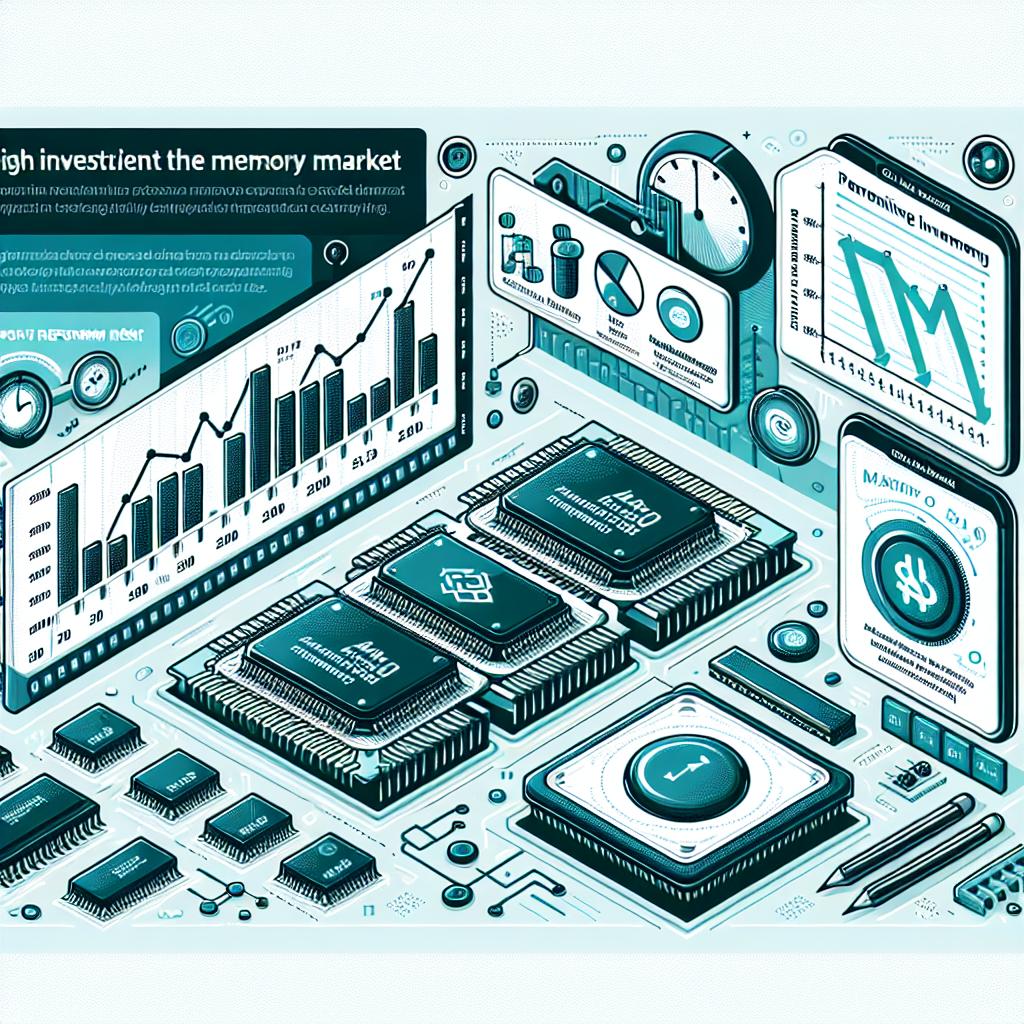 Create an illustration in a flat, vector, and corporate style with a 2D linear perspective. The background should be white and textureless. The image will represent the challenges faced by a major tech company in the memory market. As key elements, include performance graphs showing a dip in profits, images of memory chips to demonstrate the involved technology, and a generic tech logo to specify the concerned brand without directly referring to any specific entity. This visual summary should communicate high investment in research and development within the competitive field of artificial intelligence.