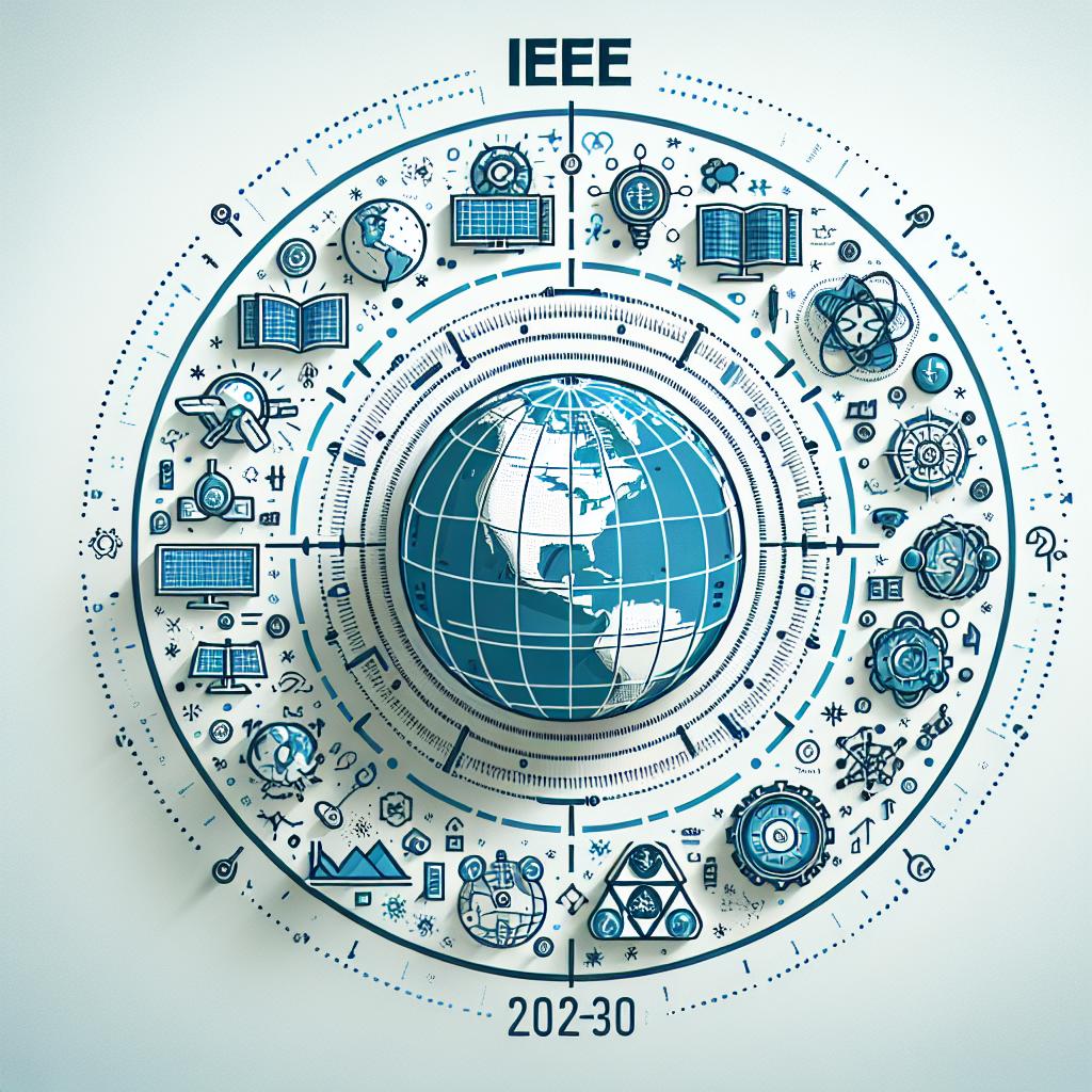 Create a 2D, linear, corporate style, vectorial flat image on a plain and textureless white background. The image represents the new strategic plan of IEEE (Institute of Electrical and Electronics Engineers) for the years 2025 to 2030. In the center of the image is the planet Earth, symbolizing the global impact of IEEE's goals. Surrounding the planet are icons depicting science and technology, representing the core values of the plan. The use of blue and green colors should inspire feelings of innovation and sustainability. At the top or bottom of the image there should be the text 'IEEE 2025-2030' to highlight the period of the strategic plan.