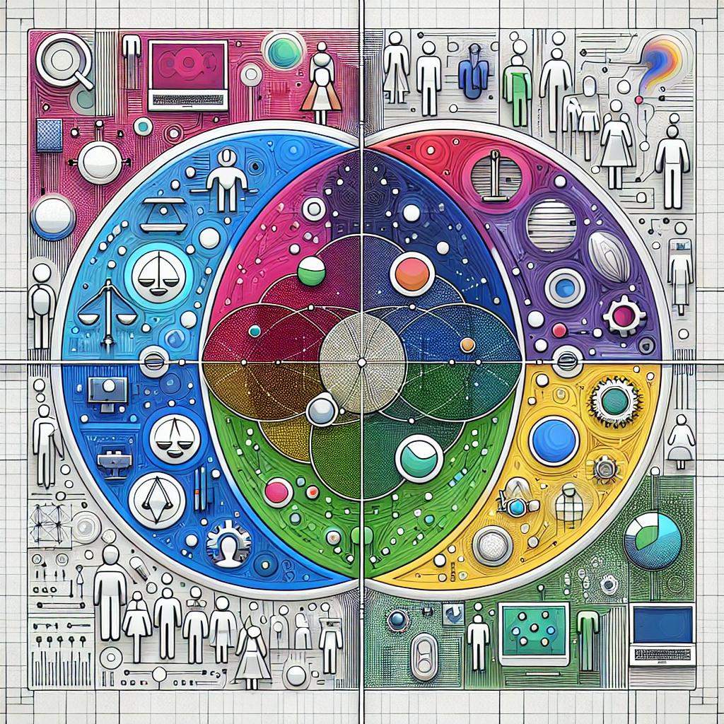 Create a 2D, linear perspective image in a corporate, flat, vector style. The image has a sleek white, textureless background. In the center of the piece, lay out a large Venn diagram. Use colors with different, vibrant hues inside each intersecting circle to depict a variety of cultures and values. Within each of these circles, and in the overlapping spaces, place abstract symbols of justice (like scales) and technology (such as gears or microchips) to underscore the intersection between ethics and AI. Around and intertwined with the diagram, depict a variety of human figures, each of different races, genders and abilities to highlight inclusion and diversity in the debate about AI fairness and bias.