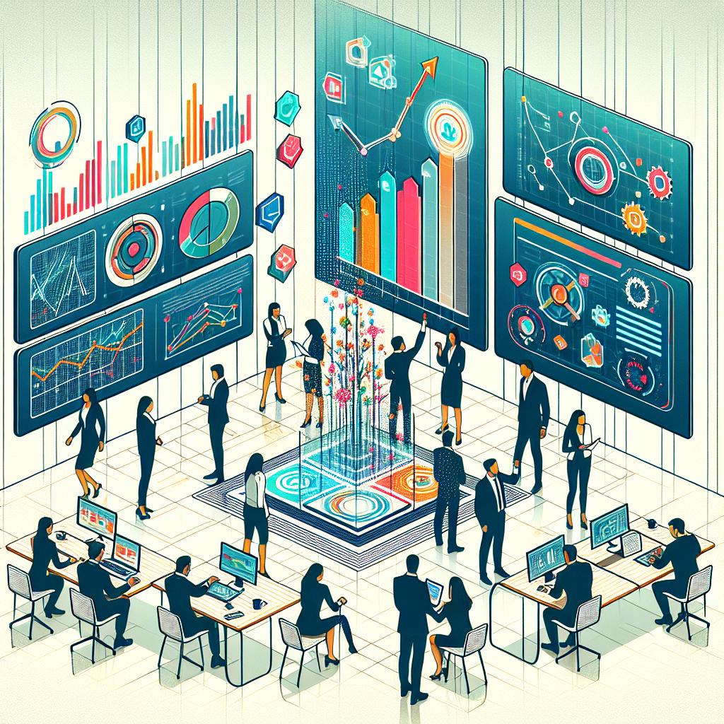 Create a 2D, linear image in a modern, flat, and corporate vector style on a white, untextured background. The image should depict a modern workspace where professionals of varying descents and genders are collaborating around screens showing data charts and artificial intelligence workflows. The screens, which represent real-time analysis and data adaptation, are interactive. Use vibrant colors to highlight the energy of technological transformation. Also, include growth charts to indicate the positive impact of personalization on performance. This diverse professional team symbolizes the multidisciplinary collaboration necessary for success, and the contemporary setting represents innovation and the evolution of technology in the workspace.