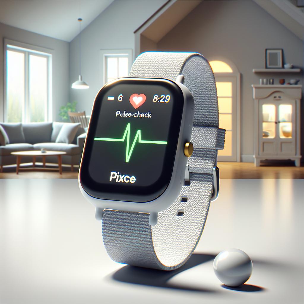 Create a detailed 2D, vector-style, corporate-themed image of a peaceful home environment. In the foreground, show an innovatively designed wearable tech device, the Pixel Watch 3, placed on a smooth, untextured white surface. The Pixel Watch showcases its critical, life-saving function - a display is lit up with a pulse-check indication, symbolizing its capability to detect cardiac arrests and even make emergency calls if necessary. The domestic setting serves as an emblematic backdrop where most emergencies like these occur.