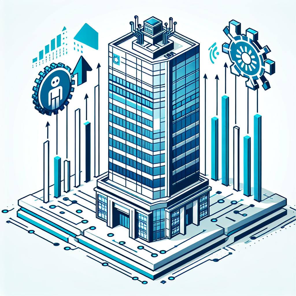 Display a 2D, linear perspective image in a corporate, flat, vector style on a white, texture-free background. The central figure is a contemporary building, labeled with the emblem of a fictional technology company as a stand-in for Foxconn. Surrounding the building are icons symbolizing artificial intelligence: notably a robot signifying AI innovation and electronic circuits representing the semiconductor industry. The flag of Taiwan is also present to highlight the location of development. Arrows pointing upwards depict growth and technological progress.