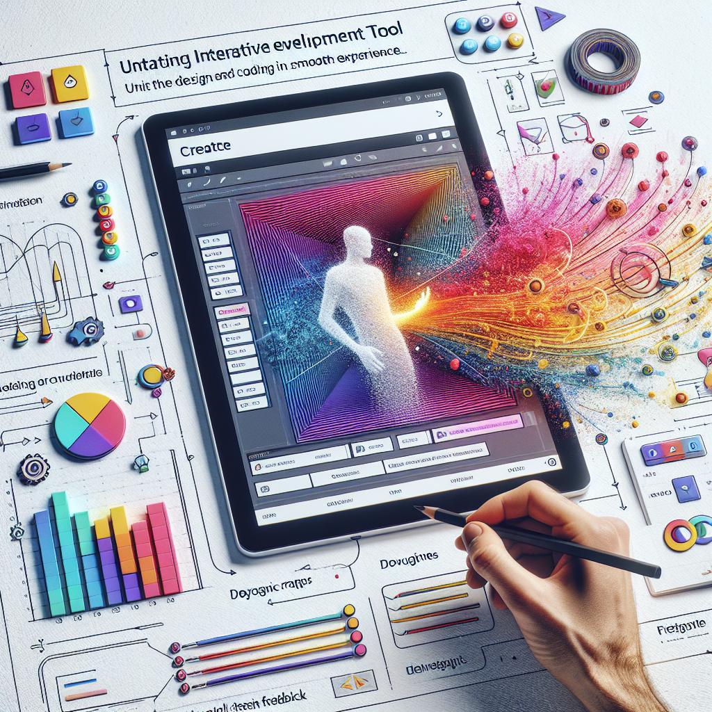 Create an image that showcases the interactive development tool, Guii, aimed to unite design and coding in a smooth experience. The picture displays a visual interface of Guii on a white, textureless background. Shown in a 2D, linear perspective, the interface is interacting with web page elements as a developer uses it. The intuitive functionality of Guii is highlighted in bright, vibrant colors to reflect the idea of creativity and innovation. Dynamic graphs illustrate the speed and efficiency of inference, representing the real-time feedback of the tool. Additional design elements show the integration of coding and design.