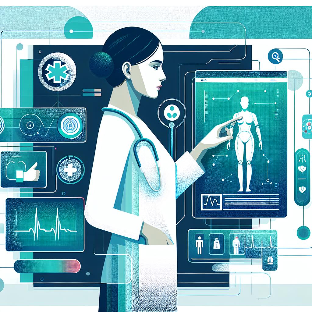 Create a futuristic vector-style flat illustration with a corporate aesthetic. The image should be set against a white and texture-less background.What we see is a medically-trained character, perhaps of South Asian descent and female, interacting with an advanced AI system displaying health data. This scene takes place in a hospital environment. Scatter some technology icons in the image symbolising the role of innovation in medicine, as well as digital charts to signify the precise, up-to-date information needed by doctors. Use blue and green colours to evoke a professional health environment. This image serves to highlight the intersection of technology and medicine, illustrating how AI can transform medical practice.