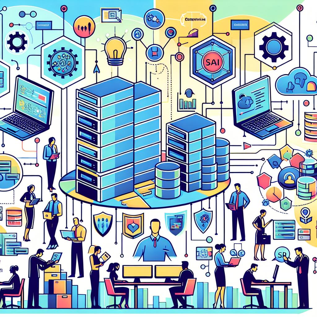 Depict a corporate scene set in the year 2025 in a flat, vector style with a 2D, linear perspective against a white, textureless backdrop. The illustration emphasizes a group of developers, diverse in gender and descent, working collaboratively using generative AI tools and interacting with databases. Important elements include computers symbolizing the technological aspect, network diagrams showcasing connectivity between databases and applications, and various icons related to safety to mark the stress upon secure operations. The image should exude a vibrant color palette to highlight the element of innovation.