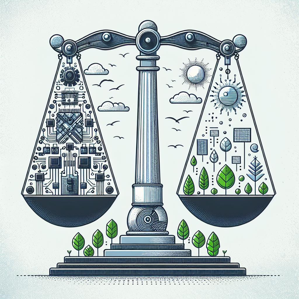 Create a flat, corporate, and vector style image in 2D linear perspective on a white and textureless background. It features a balance scale symbolizing the equilibrium between technology and sustainability. On one side of the scale, portray heavy, intricate electronic circuits to denote the complexity of AI models. On the other side of the scale, illustrate plants and trees to symbolize the need for environmental preservation. Above the balance scale, depict clouds and the sun to represent sustainable energy as an alternative. This image aims to visually express the tension between technological advancements in AI and environmental sustainability.