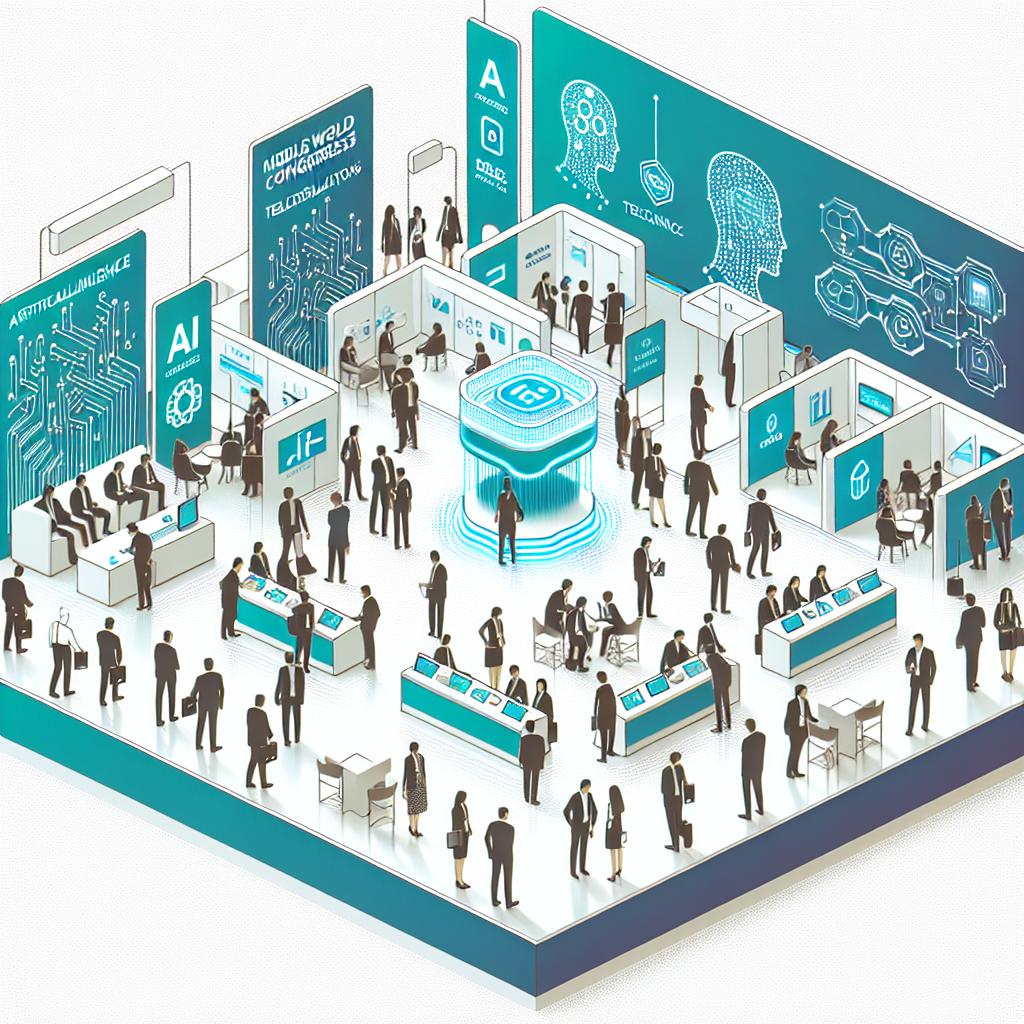 Create a 2D, linear perspective image in a minimalistic, vector style. The image should represent a lively scene from the Mobile World Congress event in Barcelona, taking place from 3 to 6 March 2025. Depict vibrant booths with cutting-edge technology demonstrations and engaged visitors of varying descents and genders interacting with these innovations. Banners highlighting artificial intelligence and telecommunications themes along with a generic logo that represents the event should be included. Also include graphical representations of AI, such as circuits and data, symbolizing the focus on technology. Maintain a clean, corporate look with a white and texture-less background.