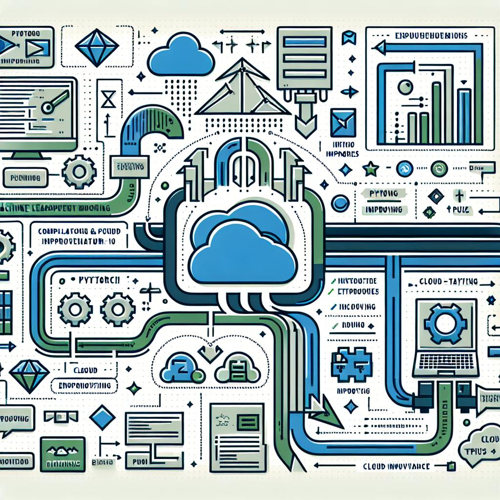 Create a flat, corporative and 2D Linear styled vector graphic representing the major features and improvements of PyTorch/XLA 2.5 within a machine learning environment interacting with Cloud TPUs. Background should be white and textureless. Some additional elements to include would be flow charts to illustrate the process of compiling and executing models, cloud icons to represent the Cloud TPU environment, and highlighted text outlining the main points of the improvements. Also, make use of shades of blue and green to suggest technology and innovation.