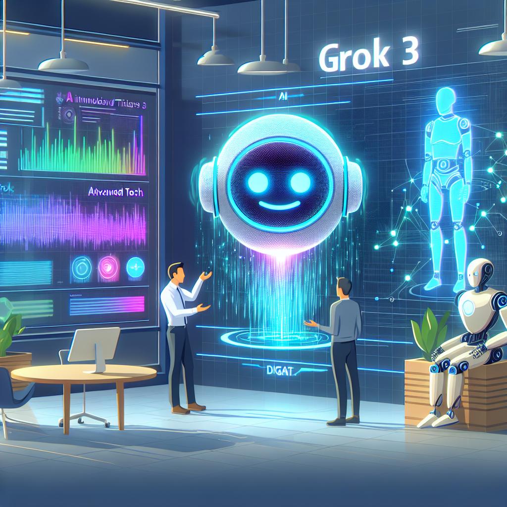 An innovator is revealing Grok 3, a new AI chatbot developed by an advanced tech company, at a televised event that promises to vie with industry titans. Meanwhile, an ambitious AI datacenter project started in South Korea aims to transform the global technology landscape. The image depicts the innovator presenting the Grok 3, with digital data graphics springing forth in the background a humanoid robot is interacting with a person. The setting should convey innovation and technological advancement. Rendered in vector-style, flat and corporate aesthetics, this 2D linear perspective scene sits on a textureless, white background. Additional features include data graphics representing artificial intelligence and information flow trends, a humanoid robot signifying robotics innovations, and futuristic colors - neon blue and green invoking a sense of technology.