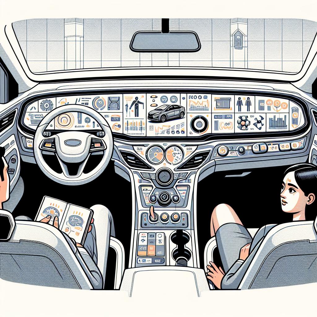 Depict an image in a flat, vector, and corporate style with a 2D linear perspective and a white, texture-less background. The main focus should be a modern car dashboard, symbolizing the shift in technological interactions. This dashboard should highlight the co-existence of traditional buttons and touchscreen displays, emphasizing a prevalent trend back towards tactile interactions. Additional elements that need to be incorporated include different types of buttons, symbolizing the trend of 're-buttonization'. The setting should be inside a car, highlighting the everyday scenario wherein these changes are occurring. Please spotlight a diverse portrayal of people, including a South Asian woman as an expert examining these changes.