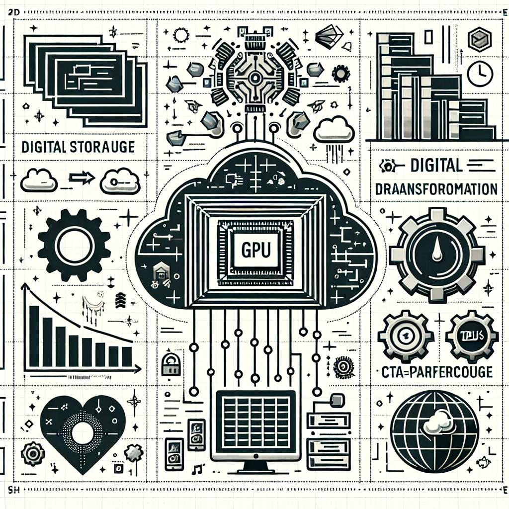 Create a 2D, flat, and corporate-style image that represents a digital transformation. The image should be devoid of texture with a plain white background. Highlight the new storage solution, Parallelstore, with symbolic graphics. These graphics should include the representations of high-performance processors, GPU and TPU. To symbolize cloud storage and data access, incorporate cloud-based and data icons. Additionally, feature gears and charts to depict efficiency and performance.