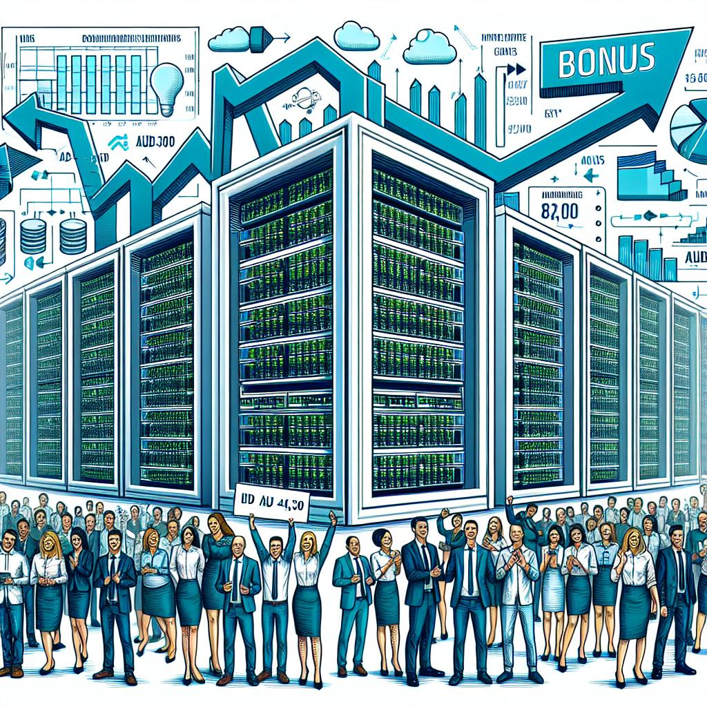 Create a 2D corporate styled, vector-based image with a white, textureless background. The central focus should be a modern data center filled with advanced servers, symbolizing a considerable investment in digital infrastructure. In the foreground, add more than 300 employees, ensuring a mix of male, female, Caucasian, Hispanic, Black, Middle-Eastern, and South Asian individuals, all expressing joy and holding a card that reads 'Bonus: AUD 41,300'. Include an ascending chart that symbolizes growth in the sector. Use shades of blue and green to convey technology and innovation. In one corner, position an abstract logo to represent the AirTrunk company.