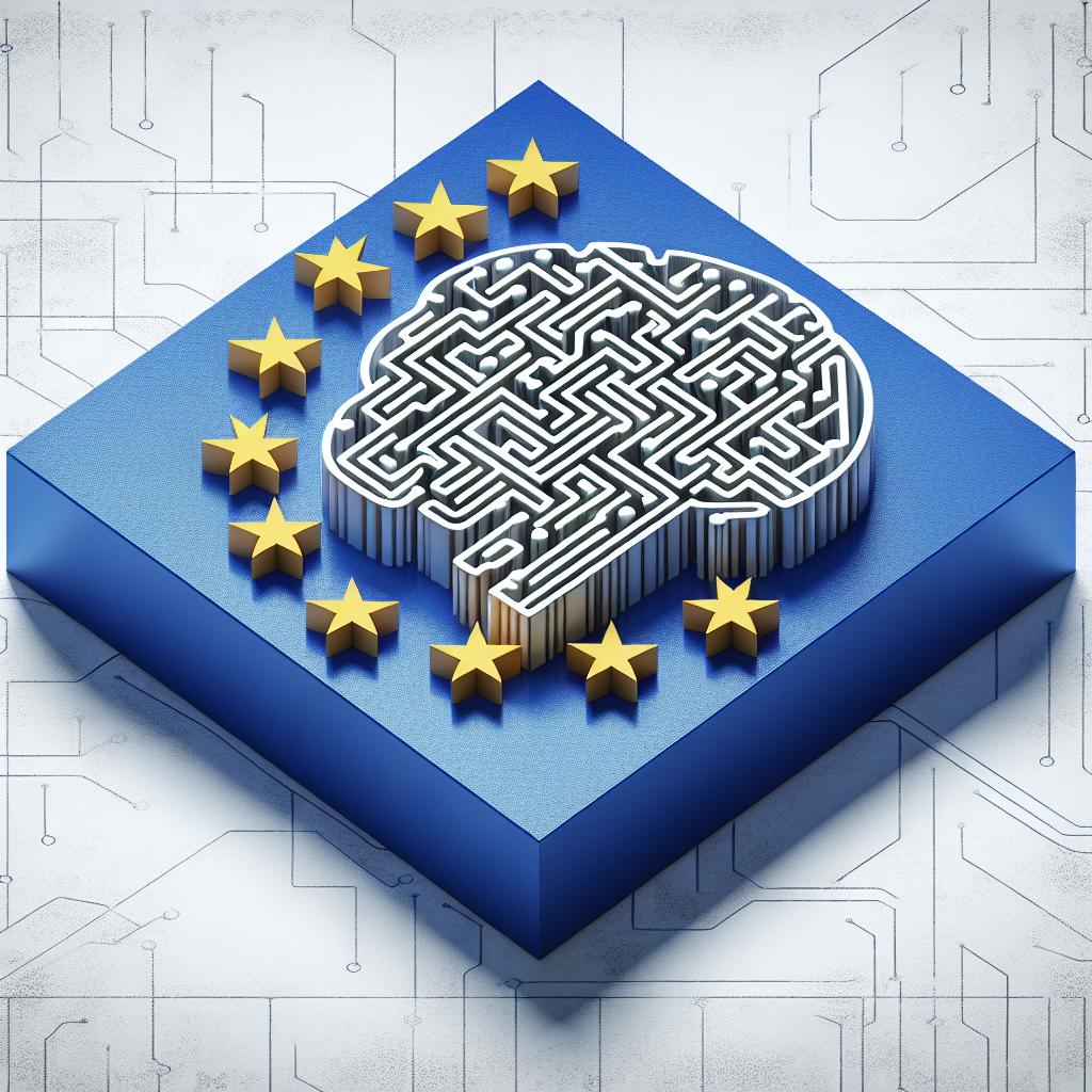 Generate a 2-dimensional, vector-style illustration over a white, textureless background.  The design should be corporate and display a complex maze, representing the regulatory obstacles faced by tech companies in Europe. To symbolise the subject of Artificial Intelligence, a brain etched with circuit patterns should be seen in the background. Also include the flag of Europe to highlight the region in question. This image draws attention to the 'innovation gap' threatening Europe's global competitiveness in the AI industry, due to their challenging regulatory landscape.