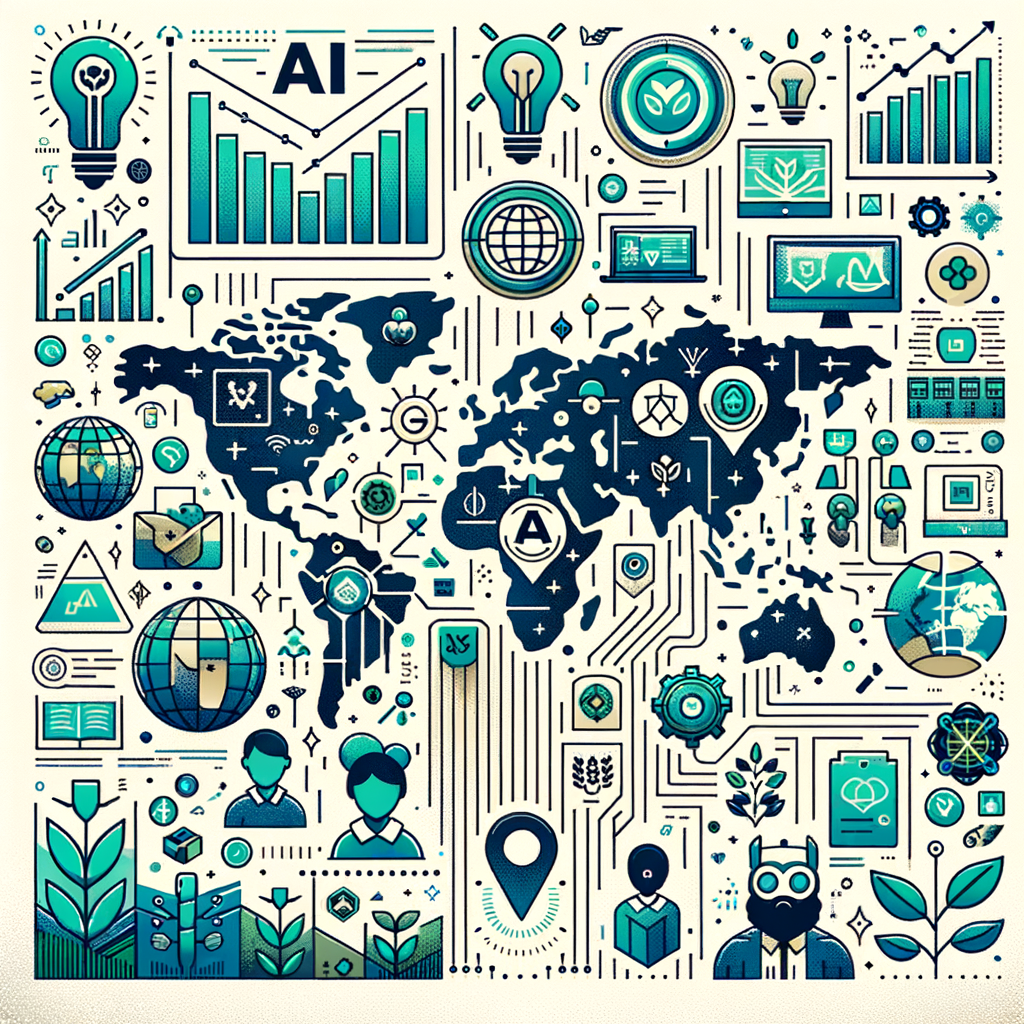 Create an image in a flat, corporate, vector style with respect to a 2D, linear perspective. The image should have on its white, texture-less background, the logos of the organizations that won the Llama Impact Grants and Innovation Awards in October 2023 to symbolize the main winners of the awards. Include AI and technology icons to signify the use of AI and tech innovations. Also, incorporate a world map with markings to denote the global reach of the winning projects. Integrate images of students and farmers of various demography to represent the ultimate beneficiaries of the projects, and include symbols of health and the environment to highlight the projects' impact areas. The color palette should lean towards shades of blue and green, signifying technology and sustainability.