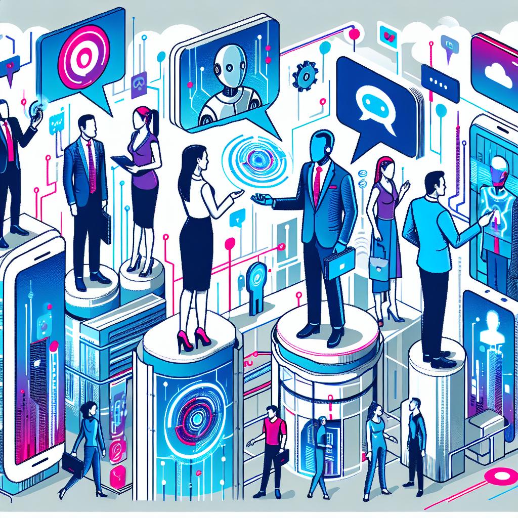 Imagine a futuristic scenario in the year 2025, where conversational artificial intelligence has drastically transformed customer-business interactions. The scene presents corporate representatives of various genders and descents, engaged in interactions with customers through digital devices. These interactions feature the use of conversational AI holograms, symbolizing the evolution of communication in business settings. The image style is flat vectorial corporate, rendered in vibrant 2D, linear perspective. The background is untextured white, depicting a modern urban context to represent the everyday influence of technology. The elements such as futuristic digital devices and AI holograms are key, colored in vibrant, innovative hues.