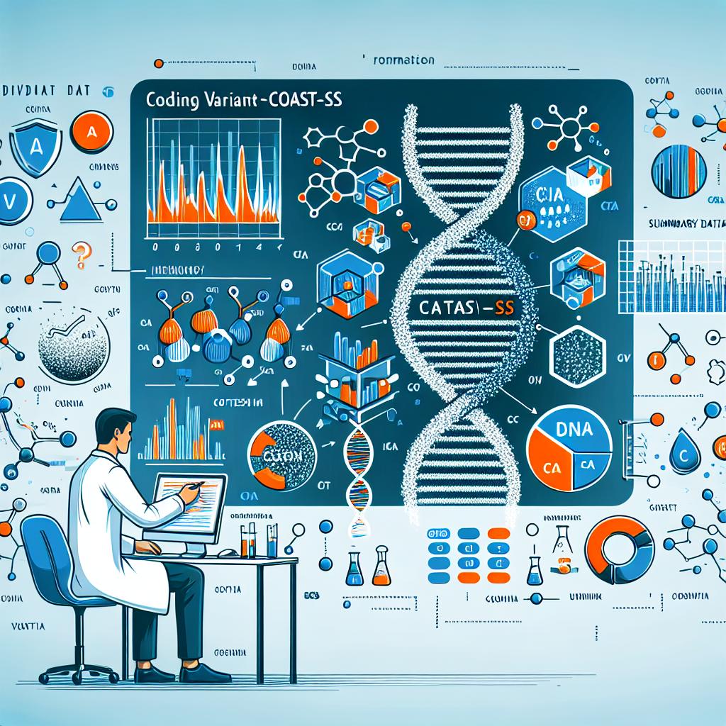 Create a 2D, flat, corporate style vector image of scientists presenting the COAST-SS, an extension of the coding variant test that allows the identification of allelic series using summary statistics from genomic association studies, addressing the individual data scarcity due to privacy concerns. On a white and textureless background, draw a graphic representation of a genome, highlighting variants and their interactions, symbolizing the importance of the new COAST-SS methodology in genetic research. Use vibrant colors to emphasize the innovation and importance of the research. Include two additional elements: DNA icons, symbolizing genetics, and data graphics, illustrating the involved statistical analysis.