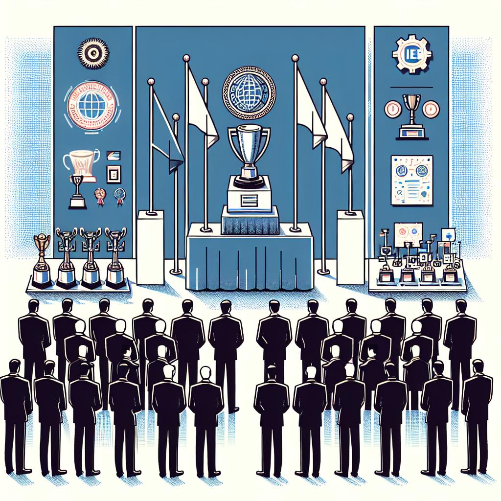 A corporate-style, flat vector depiction on a white, texture-less background in a 2D linear perspective. It's of a gathering that takes place where a varied group of engineers, wearing formal attire, are united for an awards ceremony. This event is conducted under the aegis of the IEEE Foundation, marked by the display of their flags in the backdrop. The primary characteristics of the picture involve trophies, symbolizing accomplishments in engineering, and showcased innovative projects, highlighting education and advancements in the field.