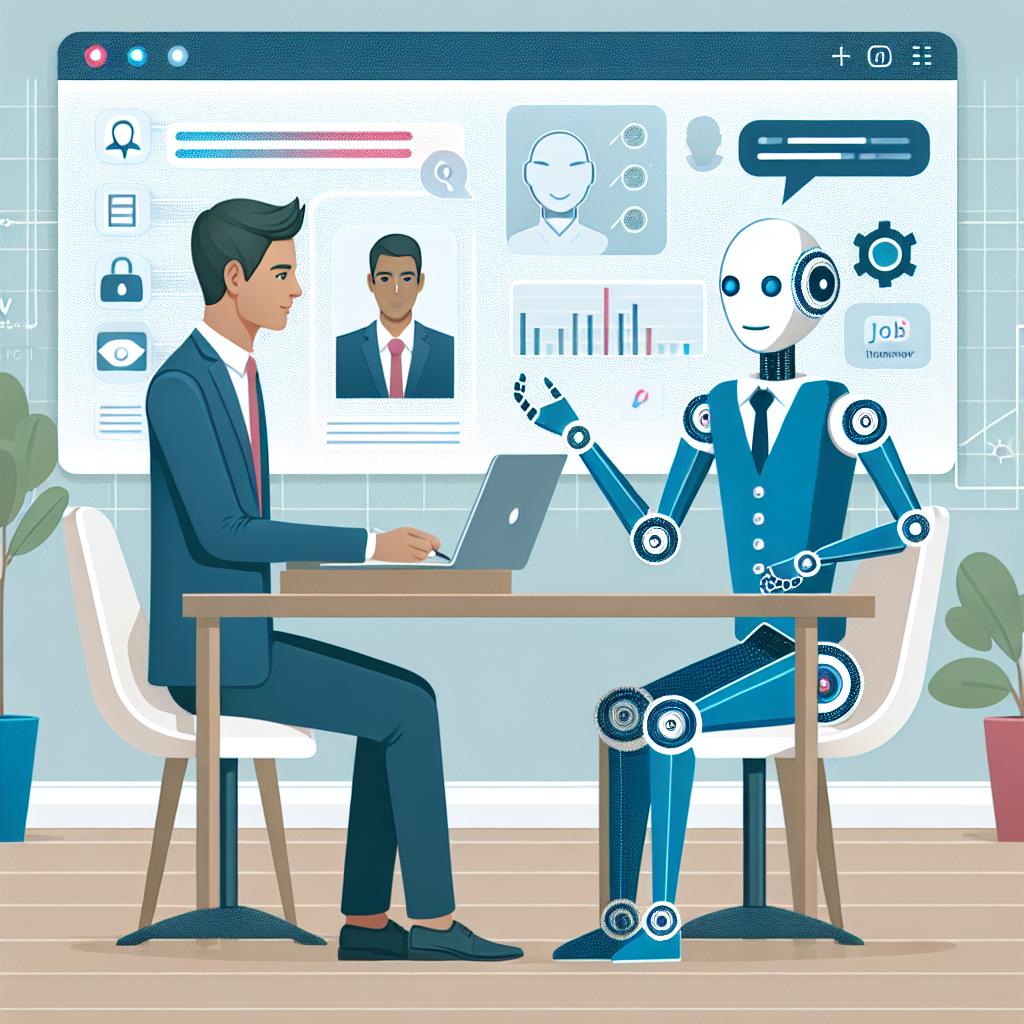 Create a detailed 2D, flat, corporate-style, vector image set on a texture-free white background. This image features an interaction during a job interview between a formally dressed young professional candidate and AIBI, the first artificial intelligence interview bot. The image should capture a modern digital environment with a friendly AI avatar on the screen. Additionally, portray data graphics and feedback on the digital interface and include technological elements like AI and recruitment icons in the background. The color scheme should be a soft mix of blues and greens, symbolizing innovation and technology.
