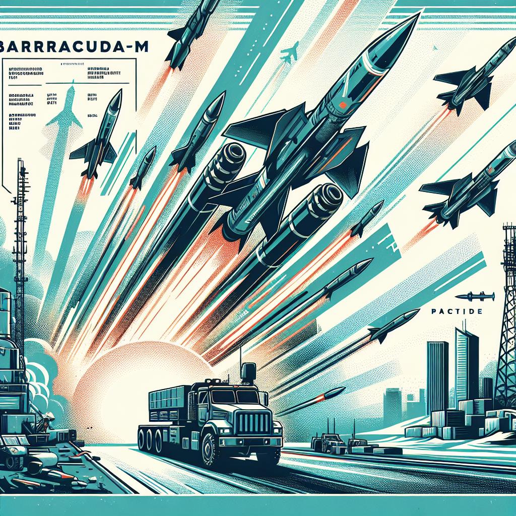 Generate a 2D, flat, corporate-style vector image on a white, textureless background. The image should represent the unveiling of a fictional 'Barracuda-M' cruise missile family announced on September 12, 2024. The missiles are designed to meet the growing demand for precise weapons at an affordable cost and for mass production, aiming to strengthen a hypothetical country's defense capability against emerging threats. The image should highlight a modern combat scenario with Barracuda missiles in action, showing their versatility and adaptability across different platforms. The image should embody technologic capability and the modernity of new defense systems. Include bright and bold colors to symbolize strength and innovation. Display the Barracuda missiles in flight to demonstrate their effectiveness and mobility. A battlefield scene should be included to provide context for the missile applications.