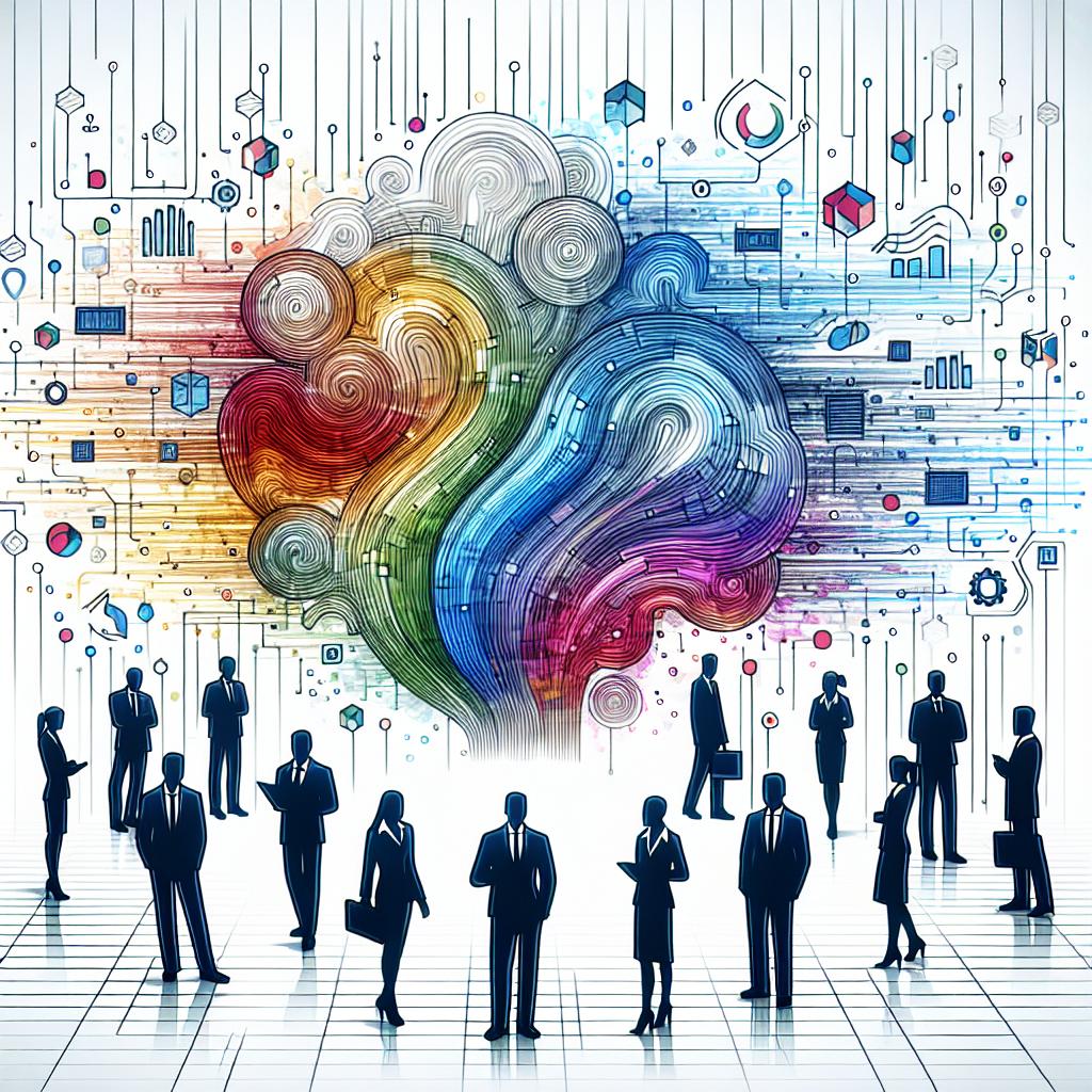 A stylized 2D, linear vector-style image set in a corporate atmosphere, showcasing global experts collaborating on generative artificial intelligence projects. The background is white and texture-free, and it is overlaid with vibrant, energetic colors. These experts are represented as silhouettes, each symbolizing diversity in their areas of expertise. They are molded around data charts, symbolizing the advancement and analysis of AI. Technological elements such as codes or circuits highlight the field of AI, sprinkled across the background to hint at the rapidly evolving technological landscape. The entire image resonates with a sense of flexible work opportunities and innovation.