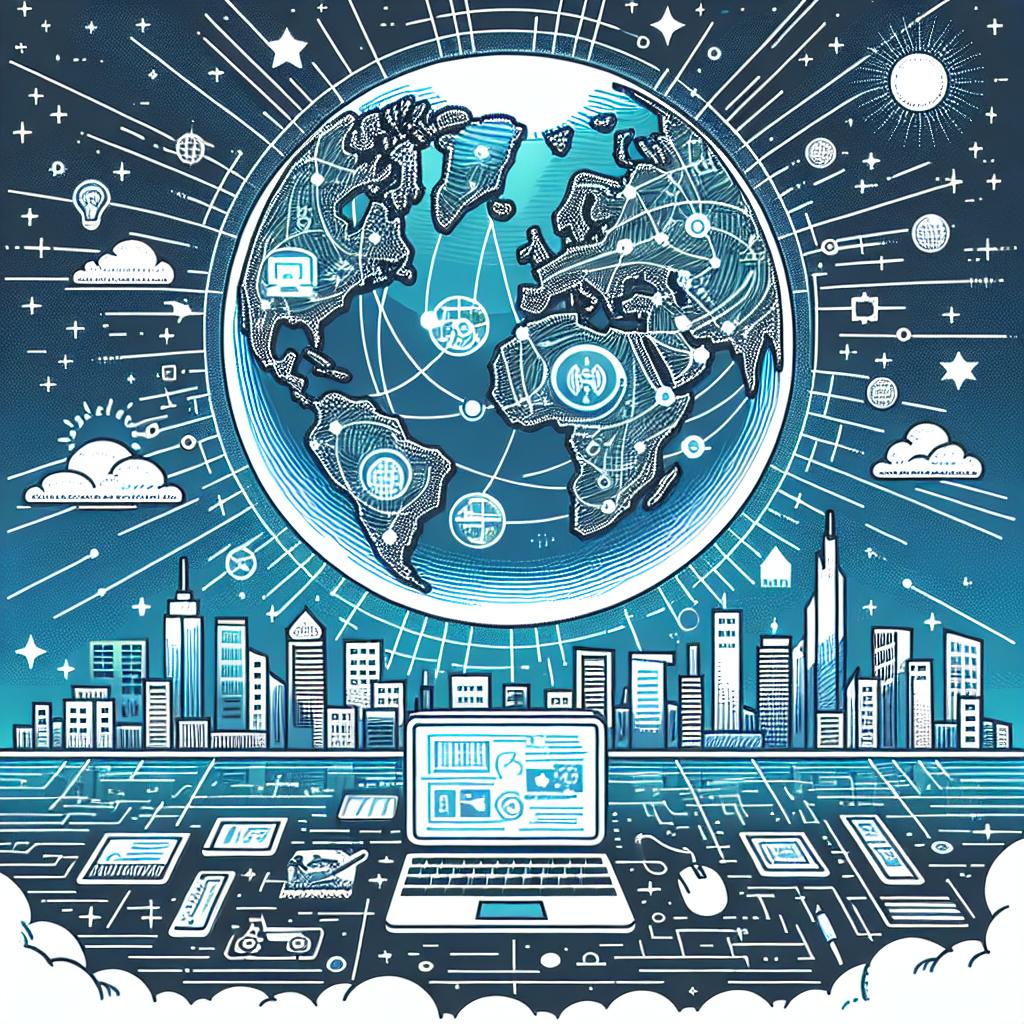 Create a 2D, linear vector style corporate image on a flat, untextured white background. The image presents a terrestrial globe symbolizing international collaboration. Different countries on the globe, such as China, the United States, and several countries in Europe, are highlighted and have technology icons denoting innovation. Above the globe is a night sky with stars, indicating a promising future.