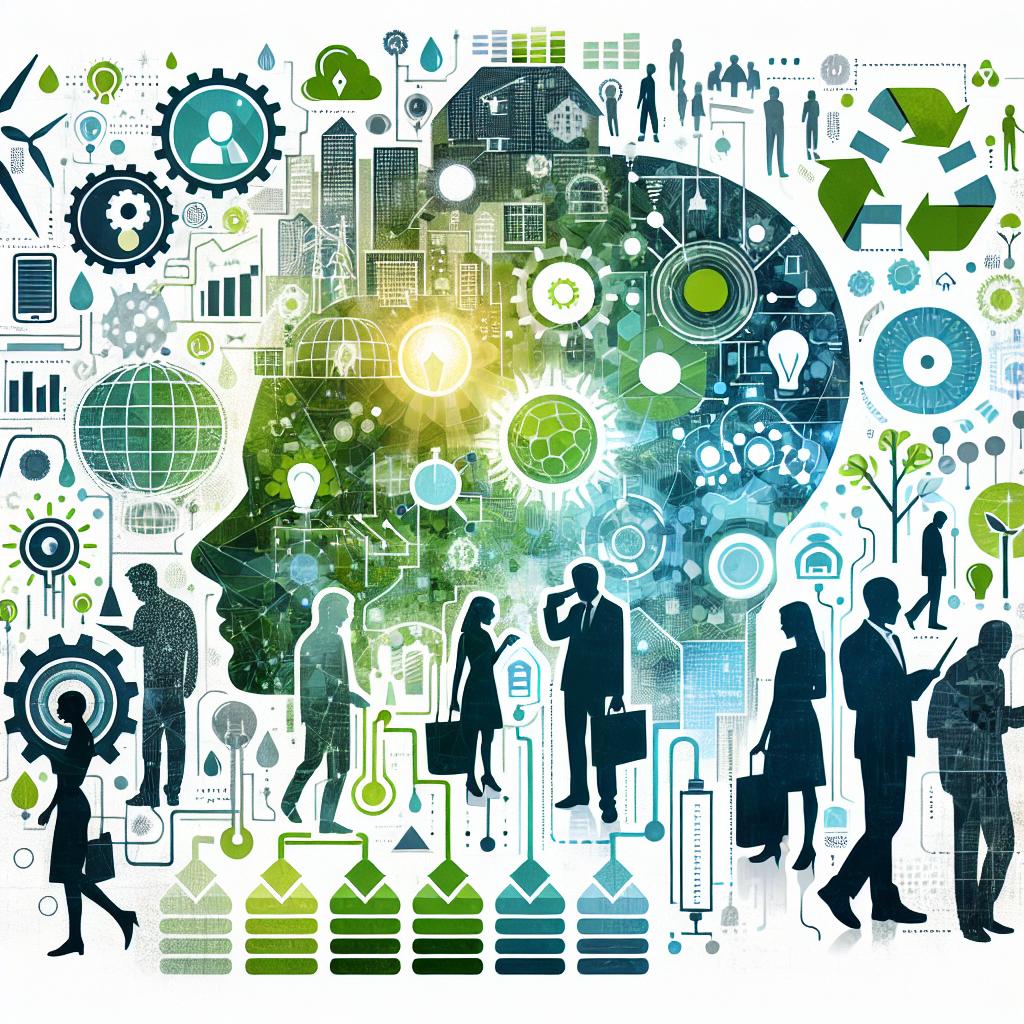 Create a 2D, flat, and corporate style image that takes place in the United Kingdom. The image needs to show people of various descents interacting with artificial intelligence technologies in an eco-friendly environment against a white, textureless background. Include silhouettes of consumers to represent the human aspect of the research. Further, layer in vector-style graphics of energy consumption, symbolizing the electricity load from generative AI. Use various shades of green and blue color hues to emphasize sustainability and technology. Lastly, incorporate symbols that clearly signify renewable energy, hinting at the need for more eco-friendly practices.