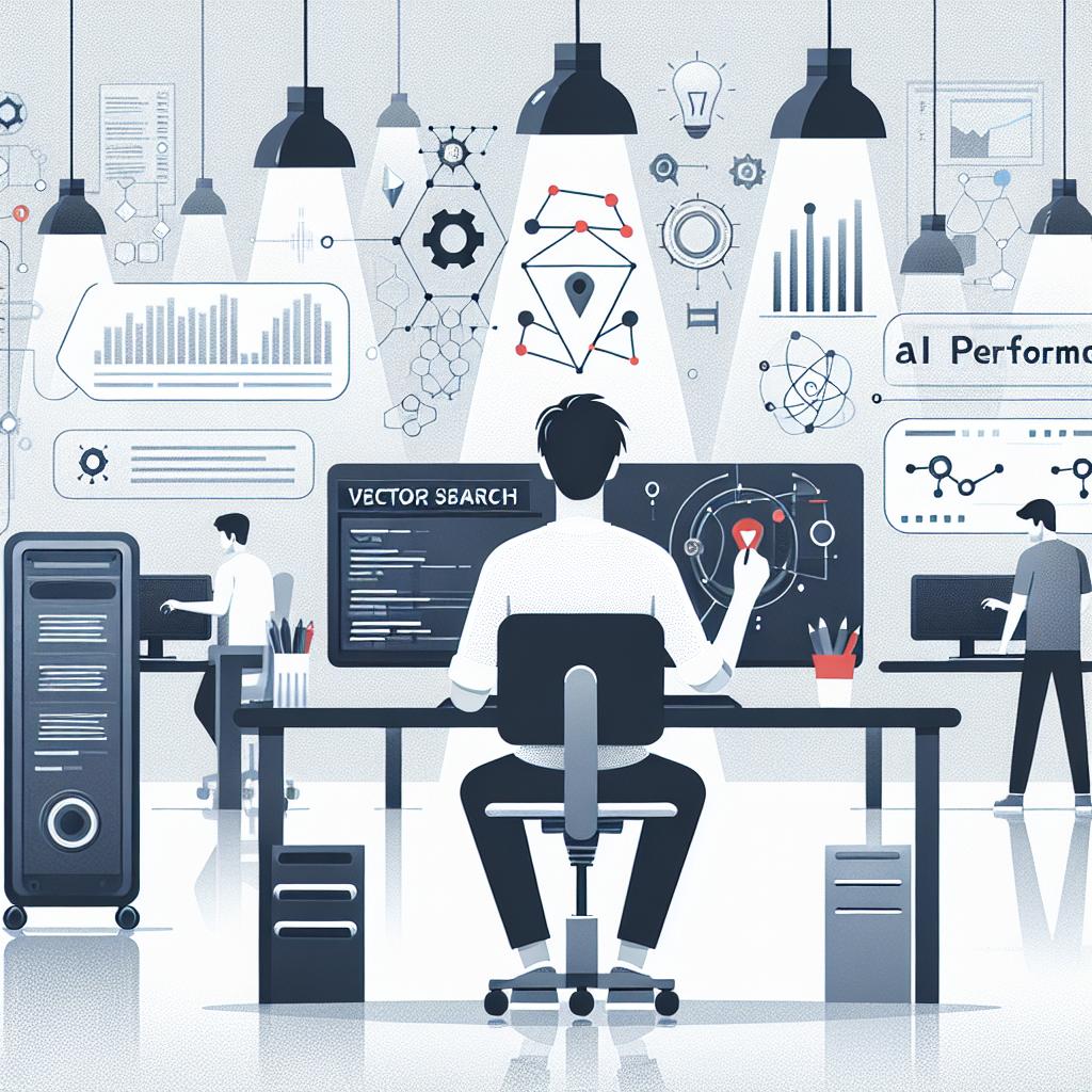 Create a 2D, vector-style image with a white, texture-less background. It is a corporate-style, flat design illustration set in a contemporary office environment. The focus is on a South Asian male developer, depicted in the midst of programming a vector search application. Around him, high-performance computers with screens present performance graphs and algorithm schemes. Additional elements to be included are gamification aspects to symbolize the familiarity with the vector search concept, data graphics to represent AI efficiency, and sleek, modern lighting to communicate a sense of innovation and modernity.
